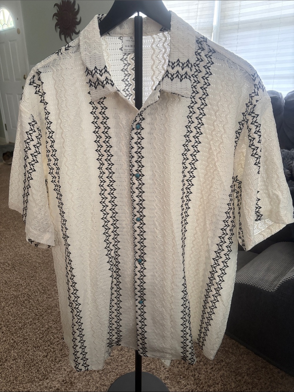 Men's White Short-Sleeve Button-Up Shirt with Black Stripe Pattern